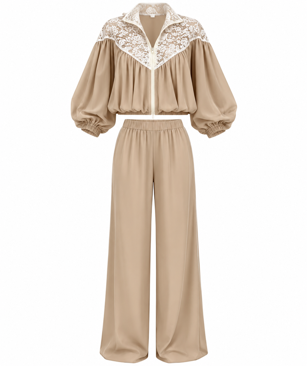 Pre-Order L’LUXE Atelier Lace-Yoke Batwing Jacket & Wide-Leg Pant Matching Co–Ord Outfit-Beige