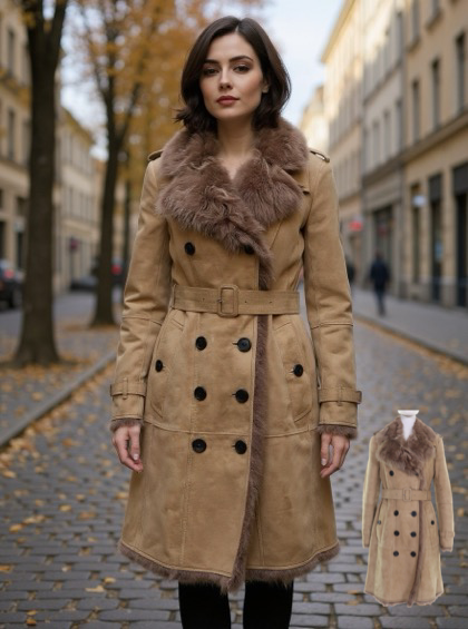 BURBERRY – Sheepskin Mouton Coat with Belt – Beige – Size 42 / US 8 –