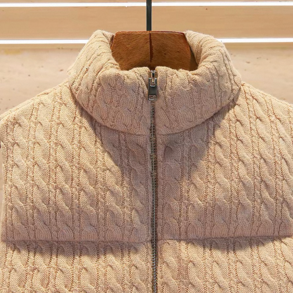 Cable-Knit Padded Zip Vest – Beige