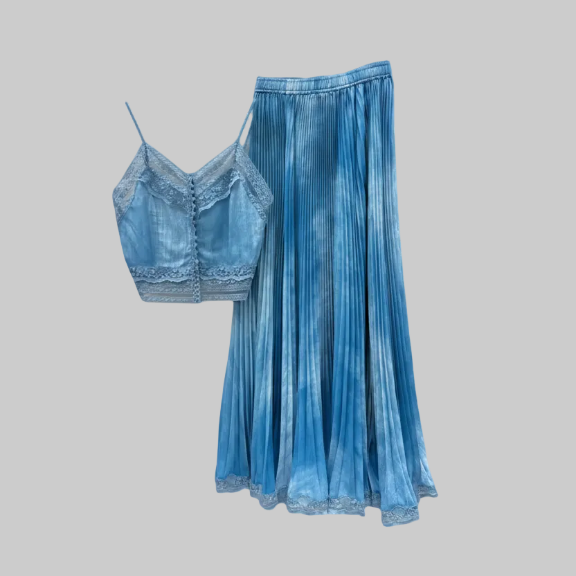 Denim Blue Lace-Trim Camisole & Pleated Maxi Skirt