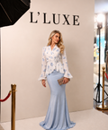 Blue Floral Wrap Blouse & Mermaid Skirt Two-Piece Set