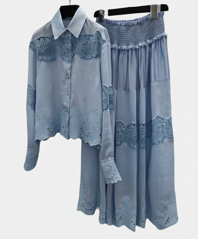 Blue & White Silk Linen Embroidered Lace Shirt or Pleated Skirt Set