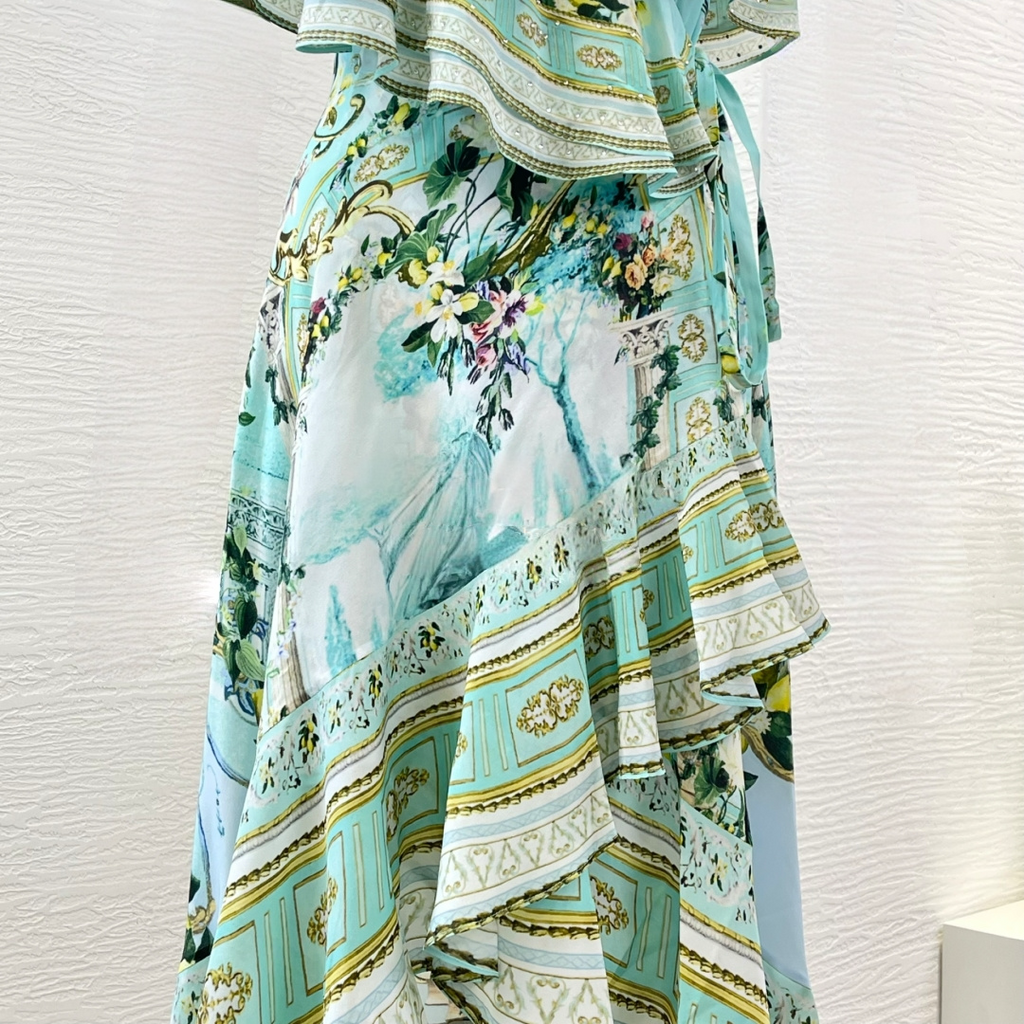 Green Floral 100% Silk Wrap Midi Dress