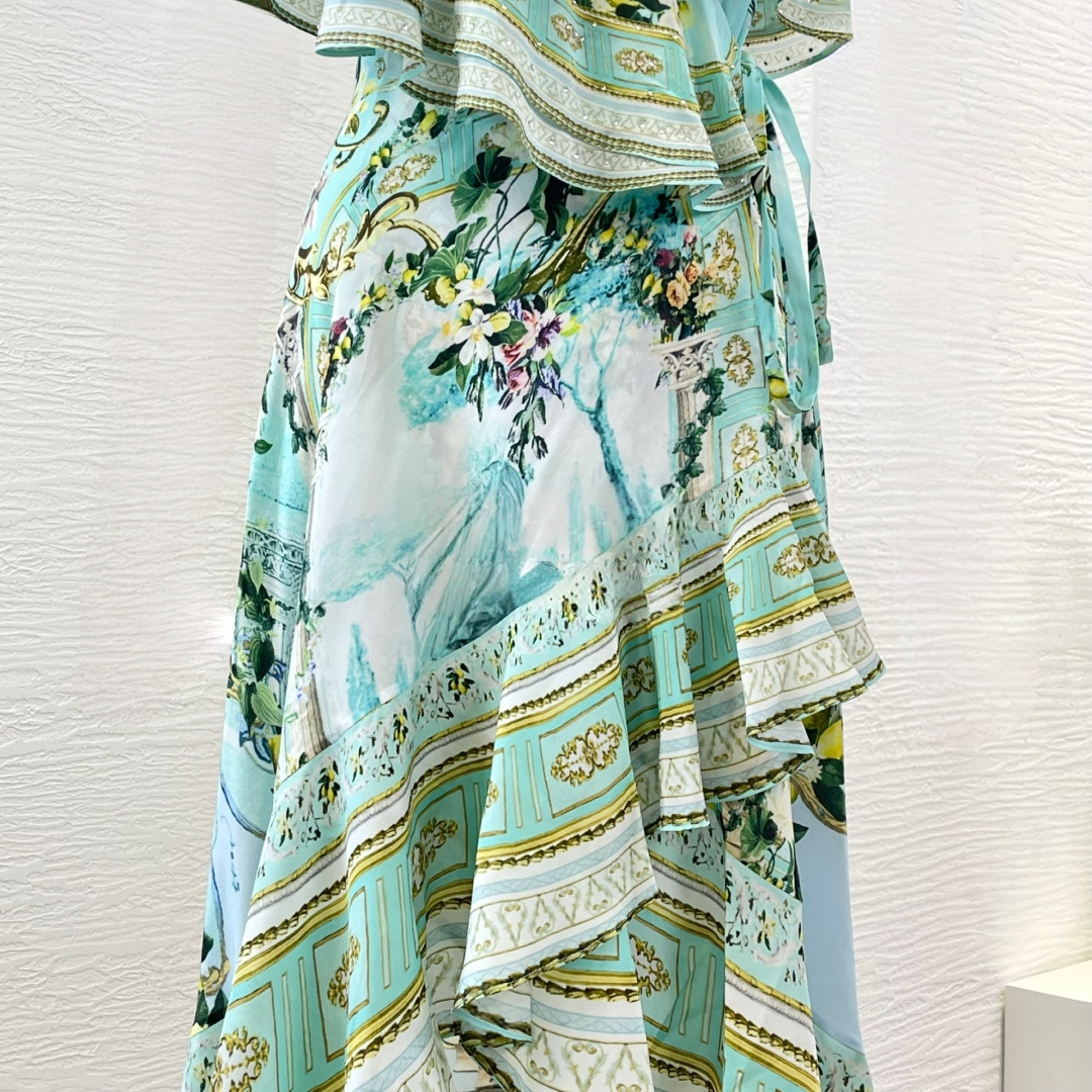 Green Floral 100% Silk Wrap Midi Dress
