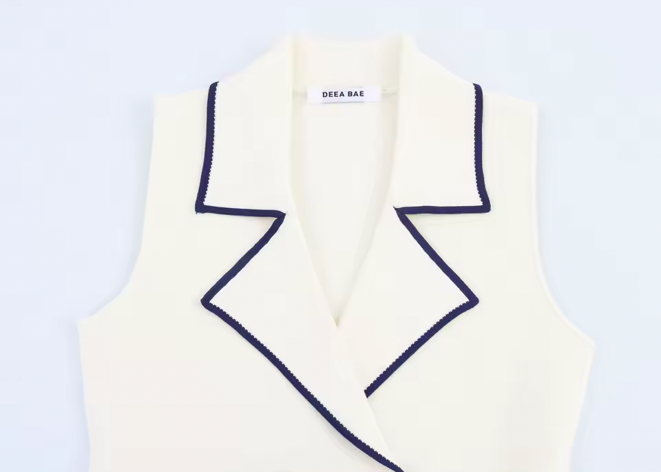 Women’s Double-Breasted Contrast Trim Knit Vest – White – Sleeveless Tailored Waistcoat