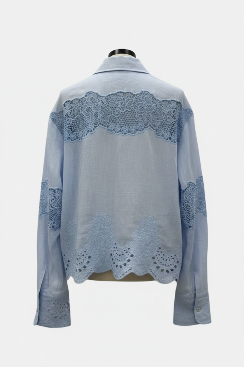 Blue & White Silk Linen Embroidered Lace Shirt or Pleated Skirt Set