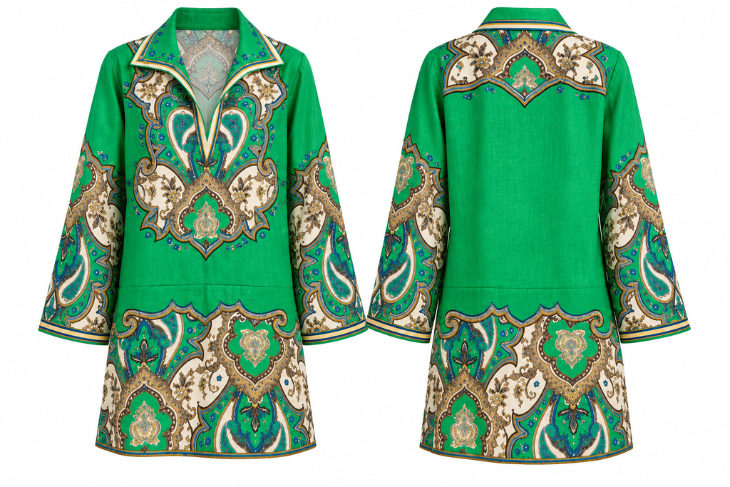 Green Paisley Print Linen Mini Shirt Dress