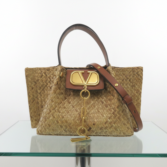 Valentino Garavani V Logo Straw 2-Way Tote Crossbody Beige Brown – Excellent Condition | L’LUXE Authentic’s