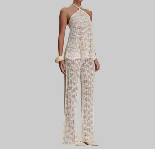Lace Look Jacquard Finish Halter Sleeveless Top & Wide-Leg Pant Set | L’LUXE Resort •Wear
