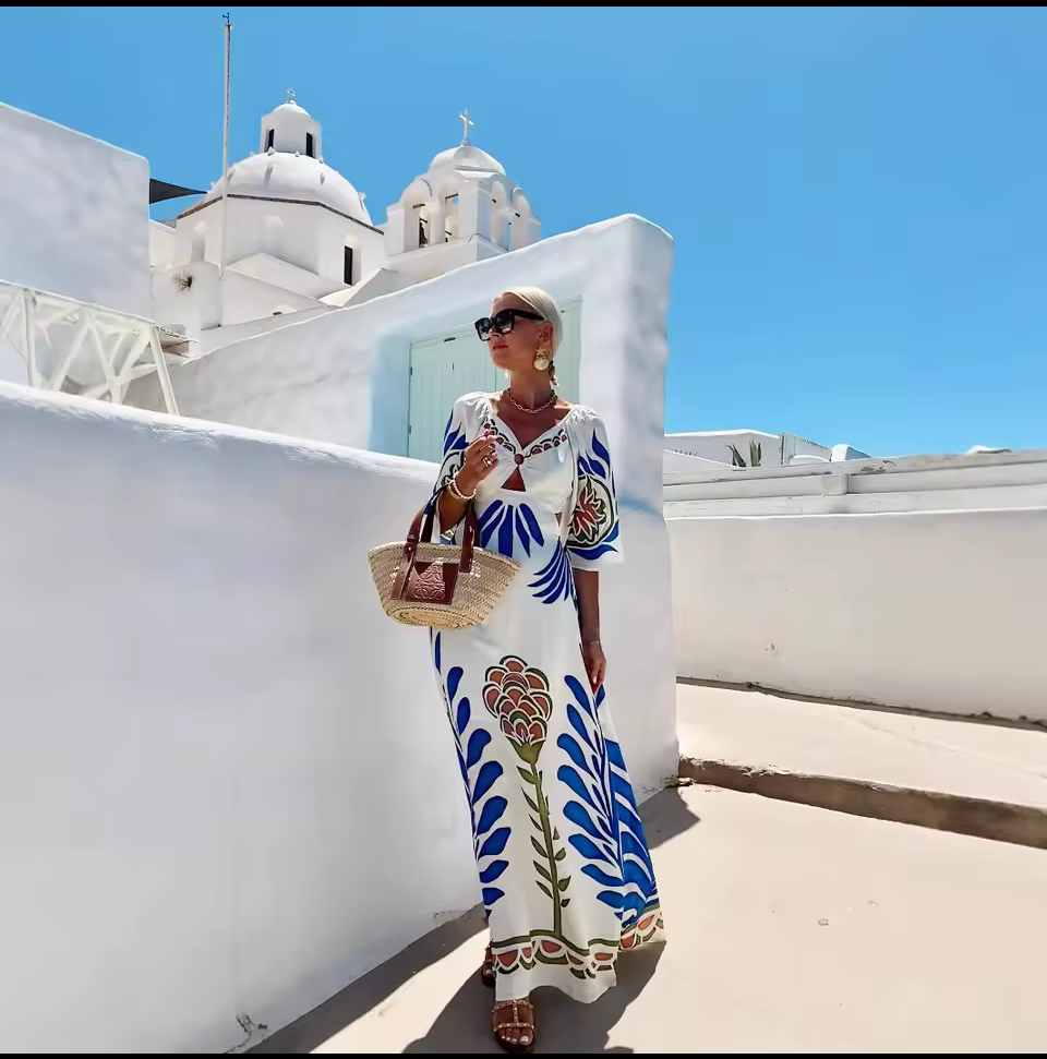 Bohemian White Maxi Dress - V-Neck Lace-Up Backless A-Line Vacation Dress with Half Sleeves