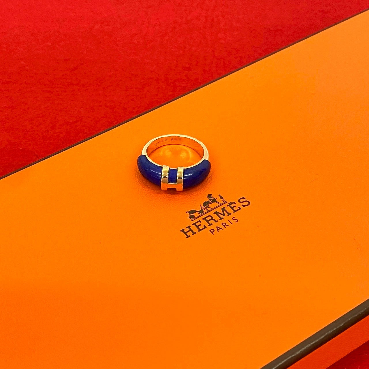 HERMÈS – H Logo Motif Ring – 18K Yellow Gold & Lapis Lazuli – Women –
