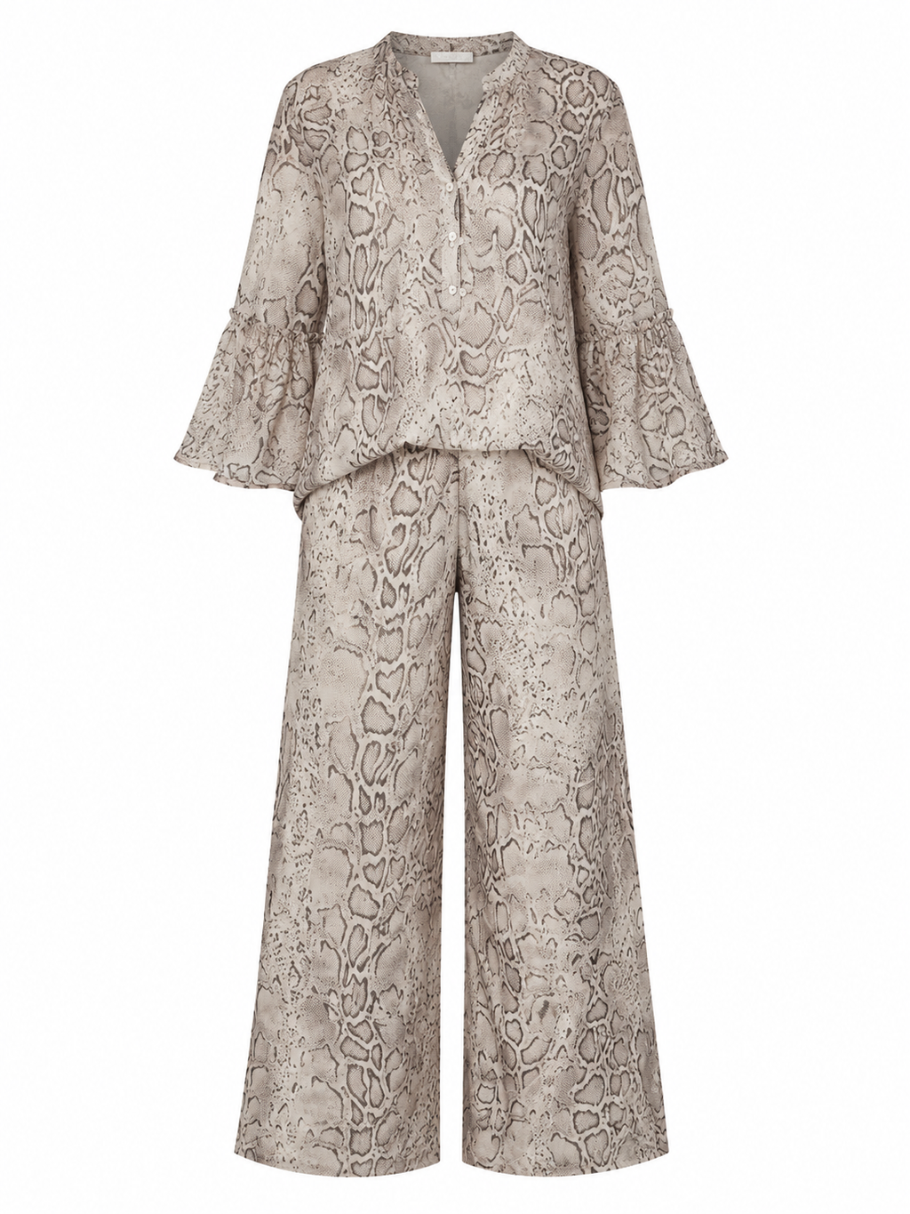 Cream Snake Print Matching Chiffon Two-Piece Wide-Leg Pant Co-Ord Outfit