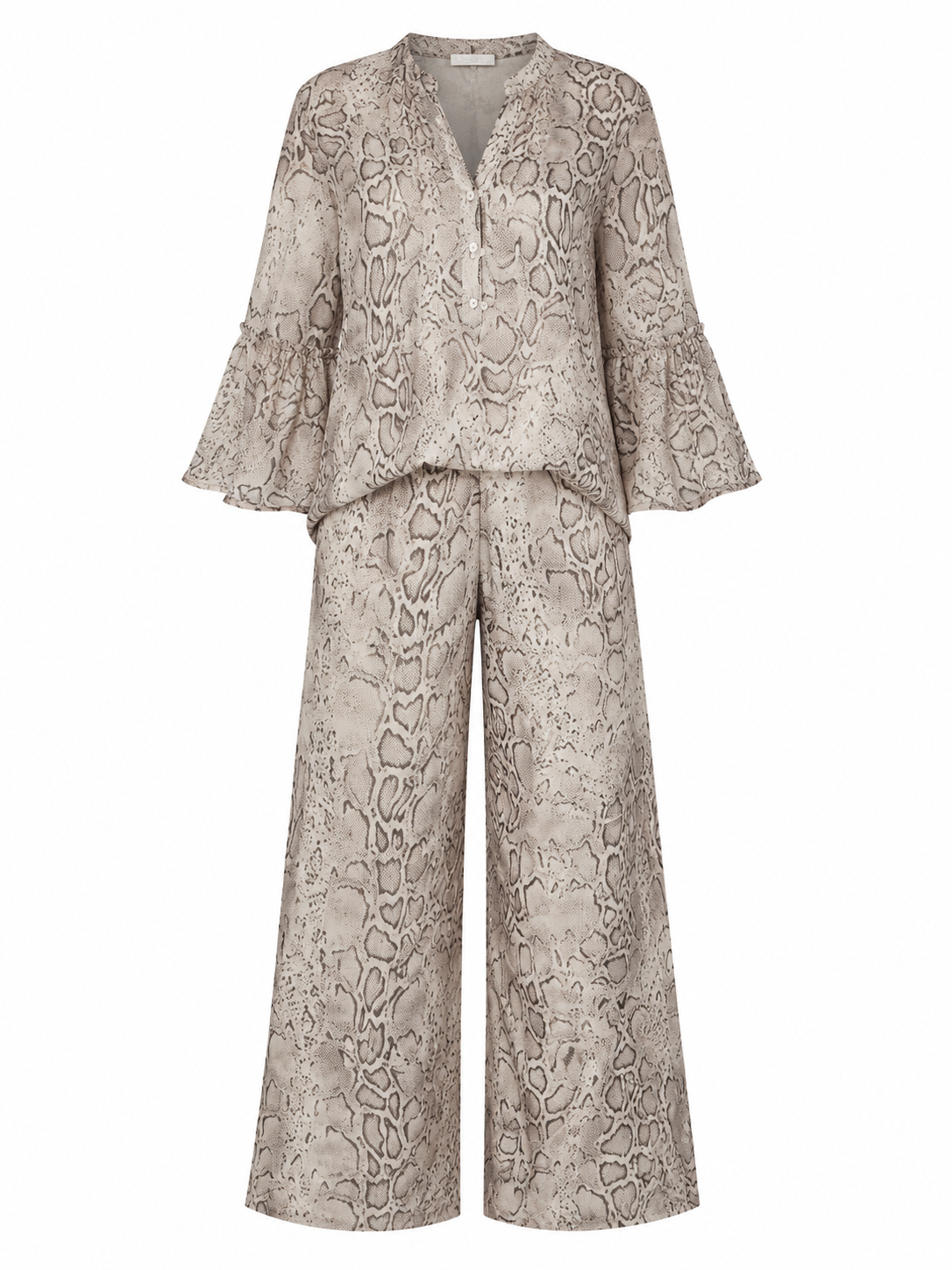 Cream Snake Print Matching Chiffon Two-Piece Wide-Leg Pant Co-Ord Outfit