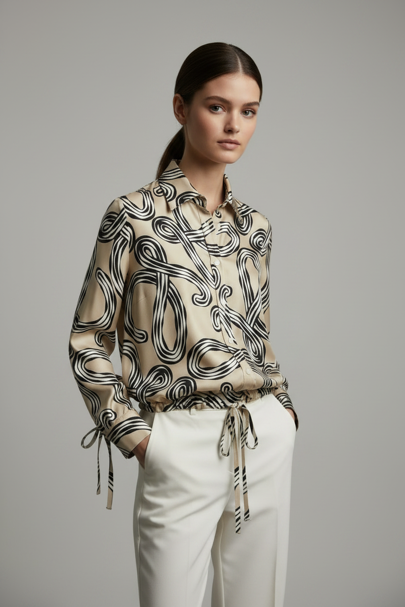 L’LUXE 100% Mulberry Silk Abstract Print Drawstring Blouse