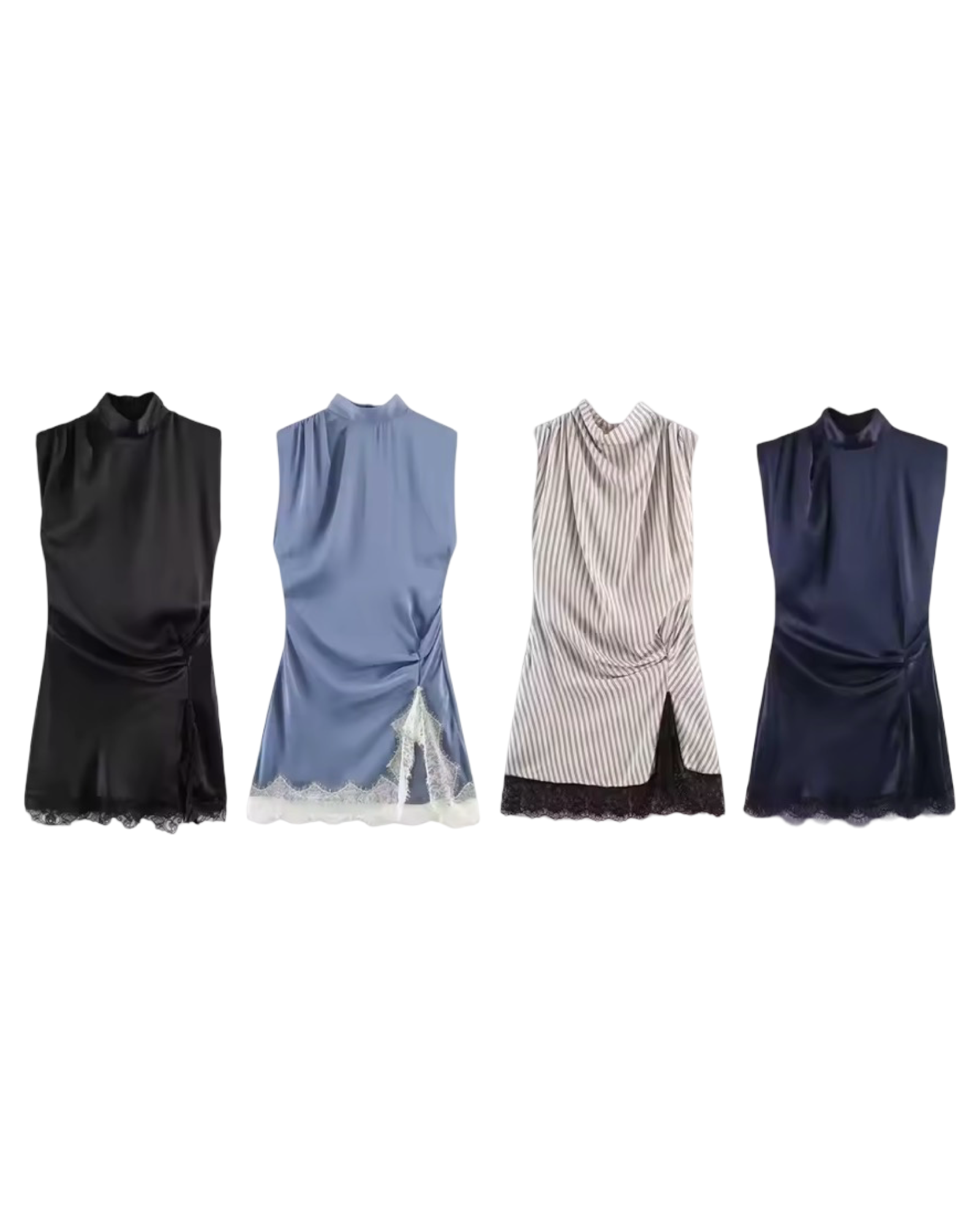 Sleeveless Lace Hem Pleated Mini Dress – Mock Neck Back Zipper Chic Dress