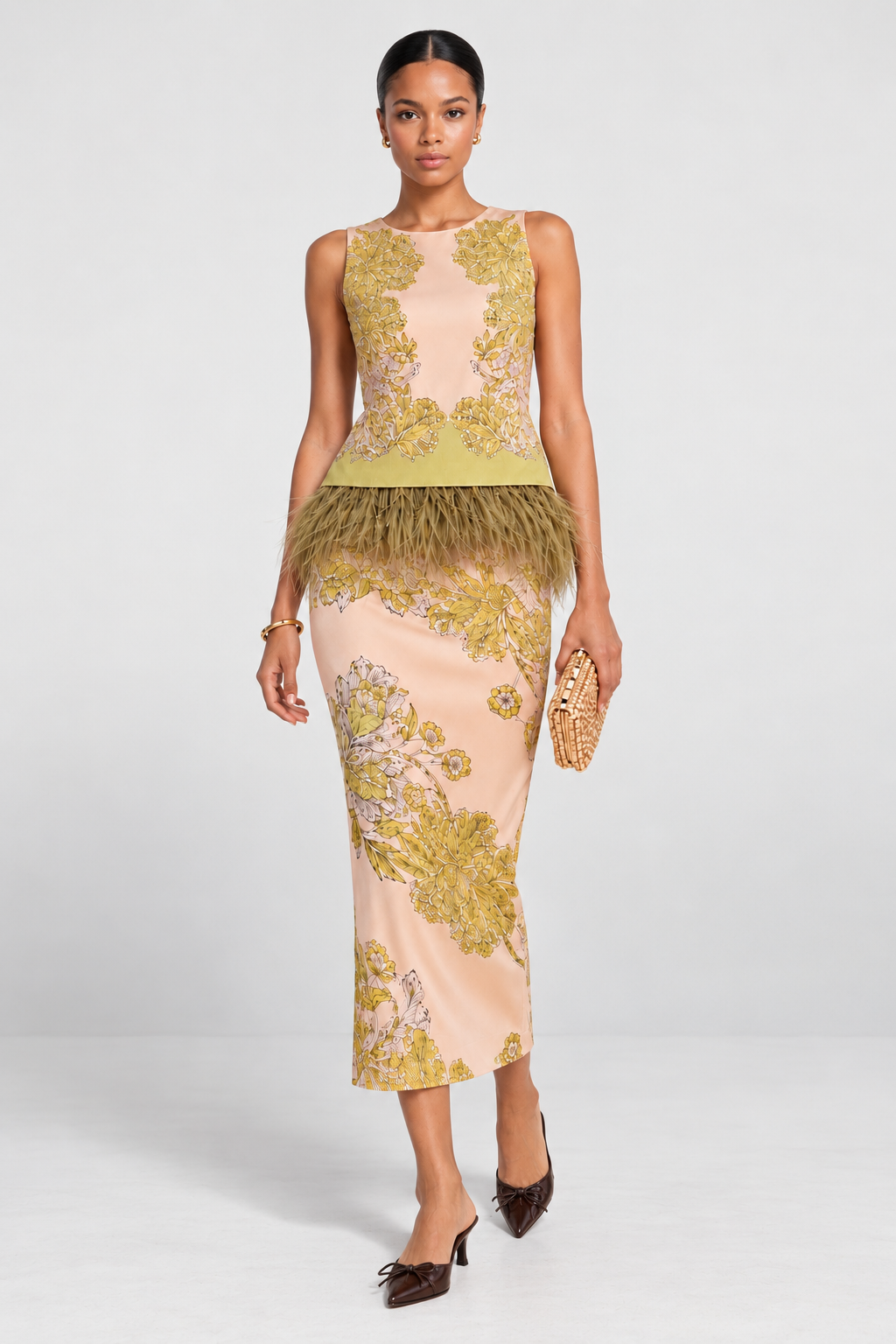 Botanical Print Feather-Trim Sleeveless Top & Midi Matching Skirt Set