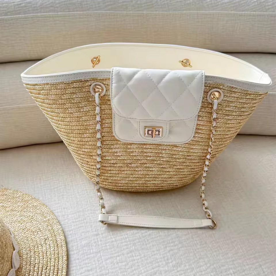 Woven Straw Shoulder Bag Black - white Trim Small Summer Tote