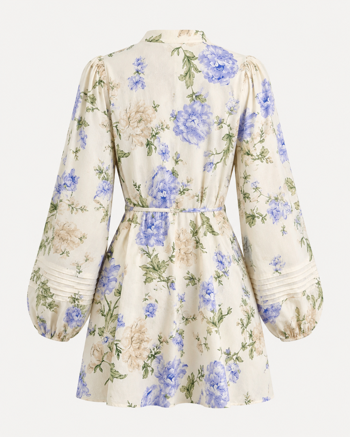 Blue Floral Linen Mini Dress – Puff Sleeve Belted Summer Dress