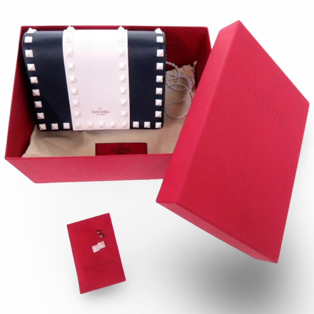 VALENTINO GARAVANI Free Rockstud Spike Leather Shoulder Bag — Navy & White Authentic Previously Owned