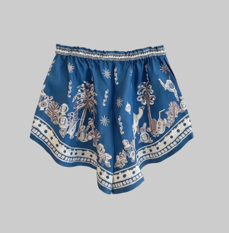 Blue Linen Polo Top & Drawstring Shorts Set
