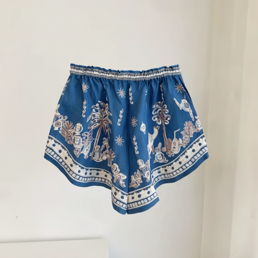Printed Linen Polo Top & Drawstring Shorts in Blue
