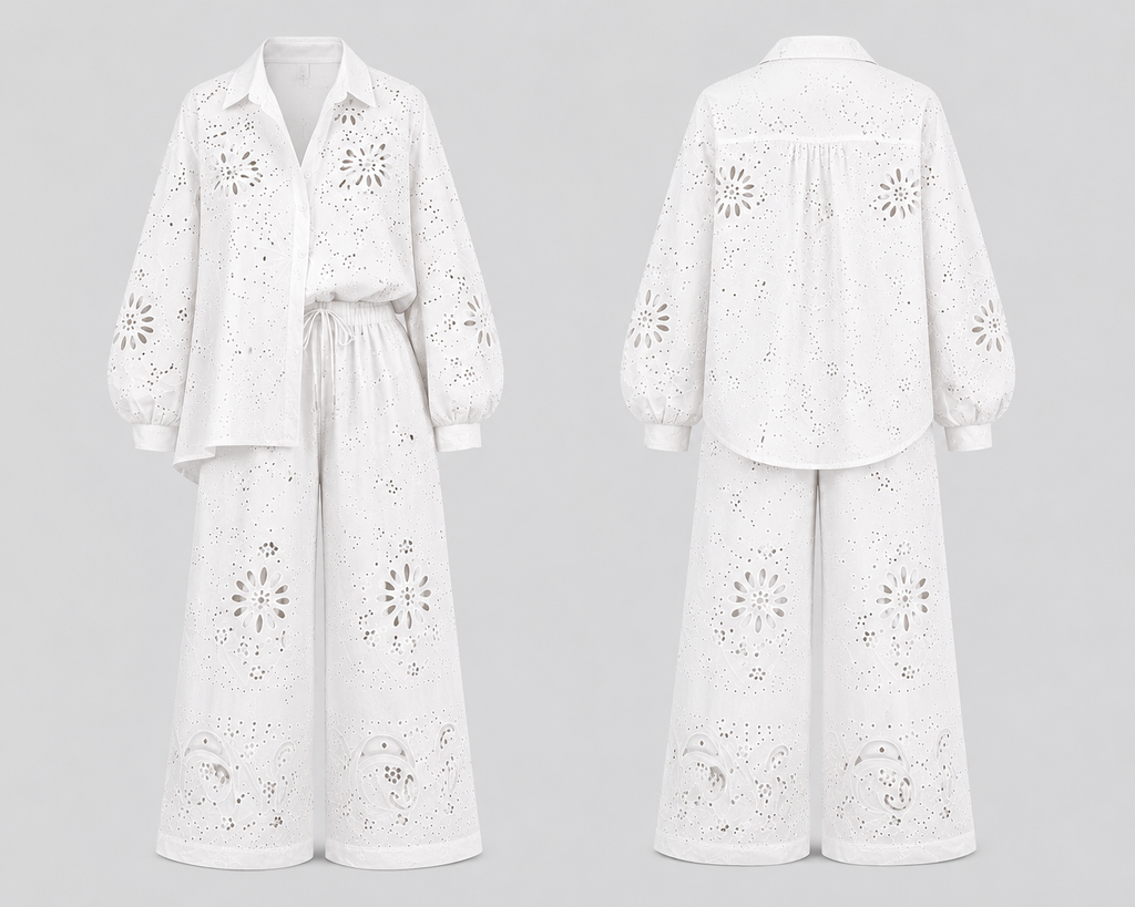 Embroidered Eyelet wide leg & oversized Matching shirt two-piece co-ord Outfit