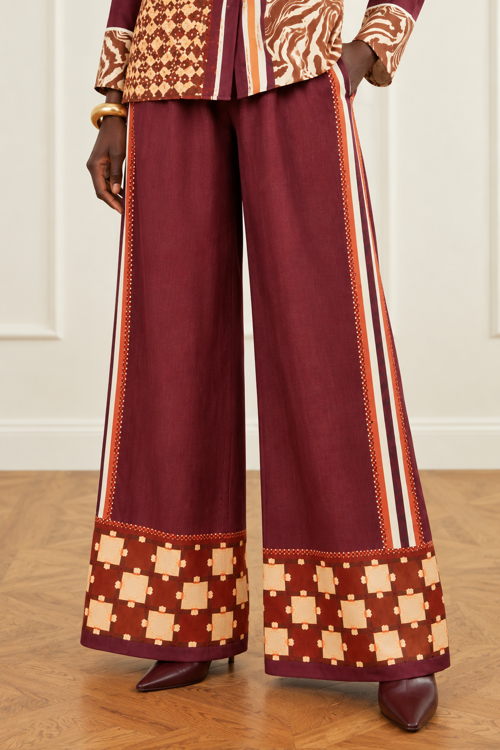 Burgundy Seiden-Einzelteile mit Schal-Print | Top, Hemd oder weite Hose | passende Sets