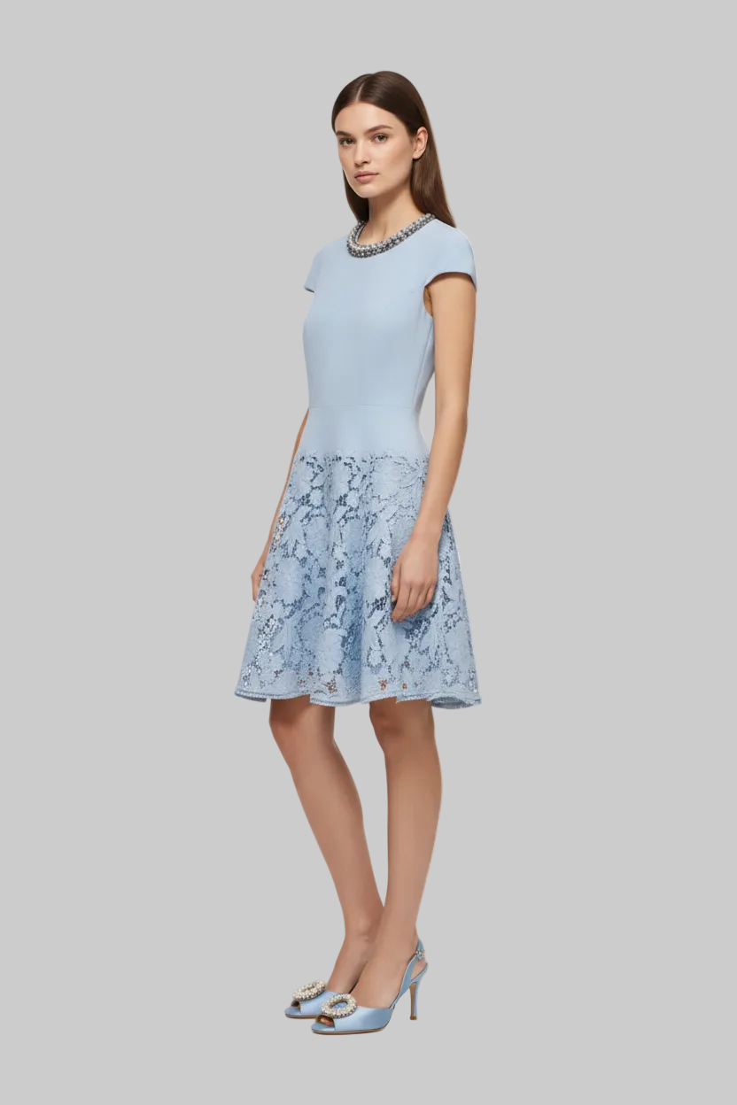 Sky Blue Embellished Lace Hem Mini Dress