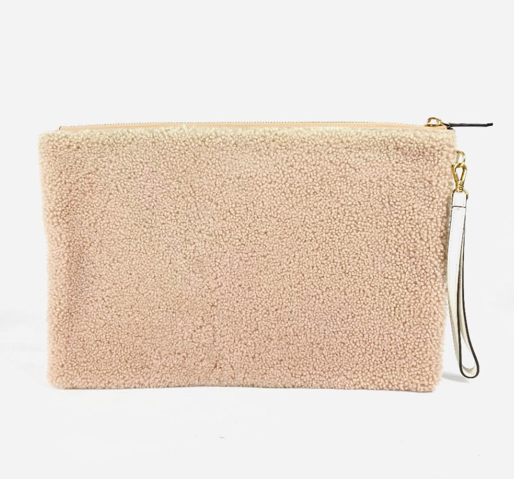 Fendi Mouton Logo Boa Clutch Pouch Beige Shearling – Previously Owned Authentic