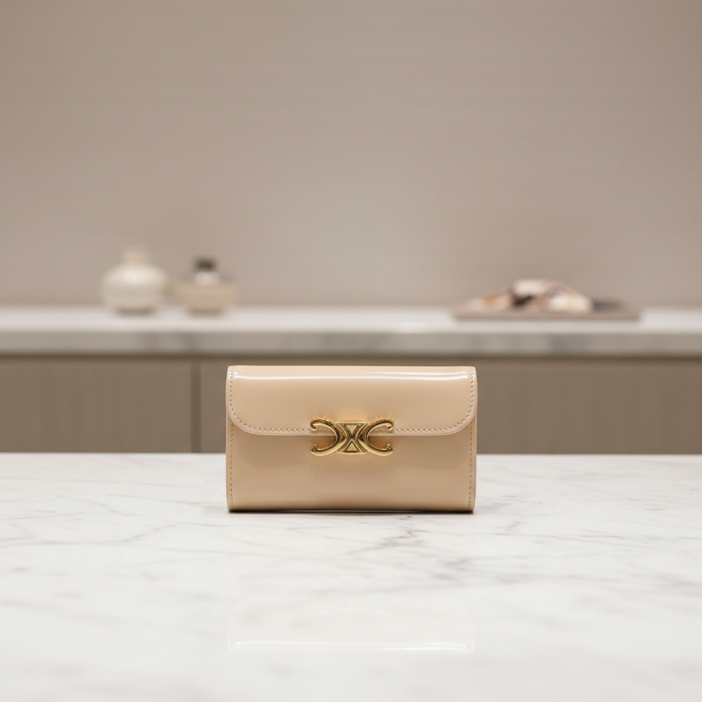 CELINE Triomphe Small Flap Wallet Beige Leather Previously Owned Authentic