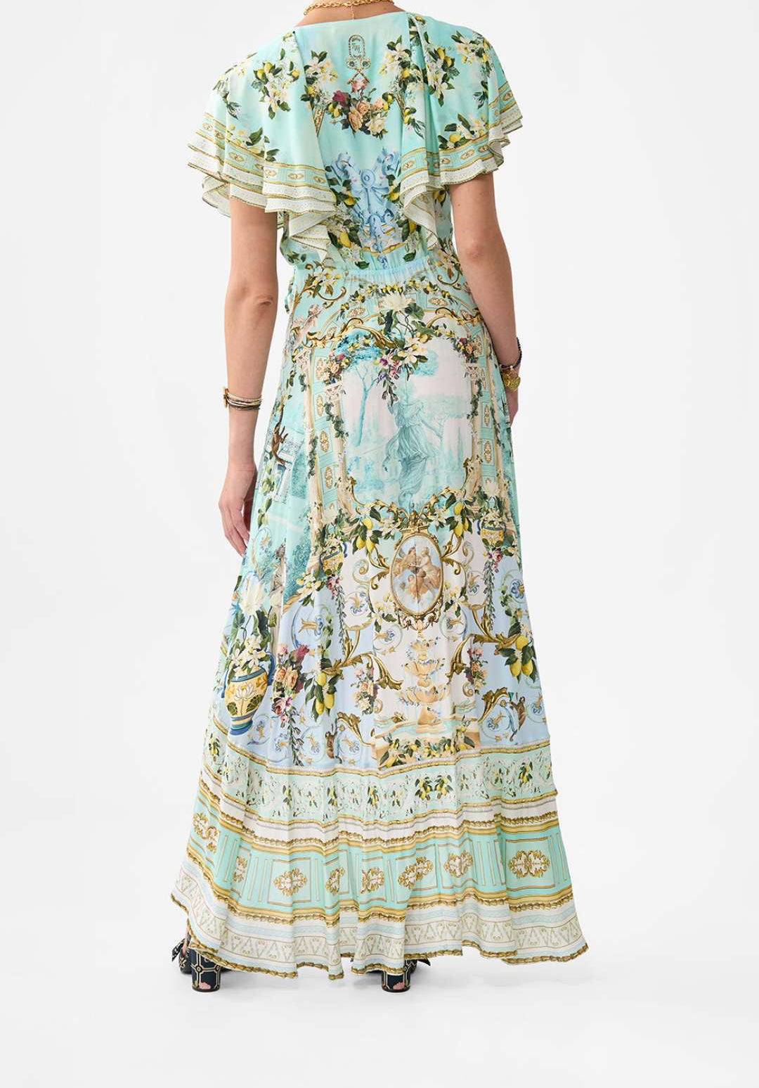 Green Floral 100% Silk Wrap Midi Dress