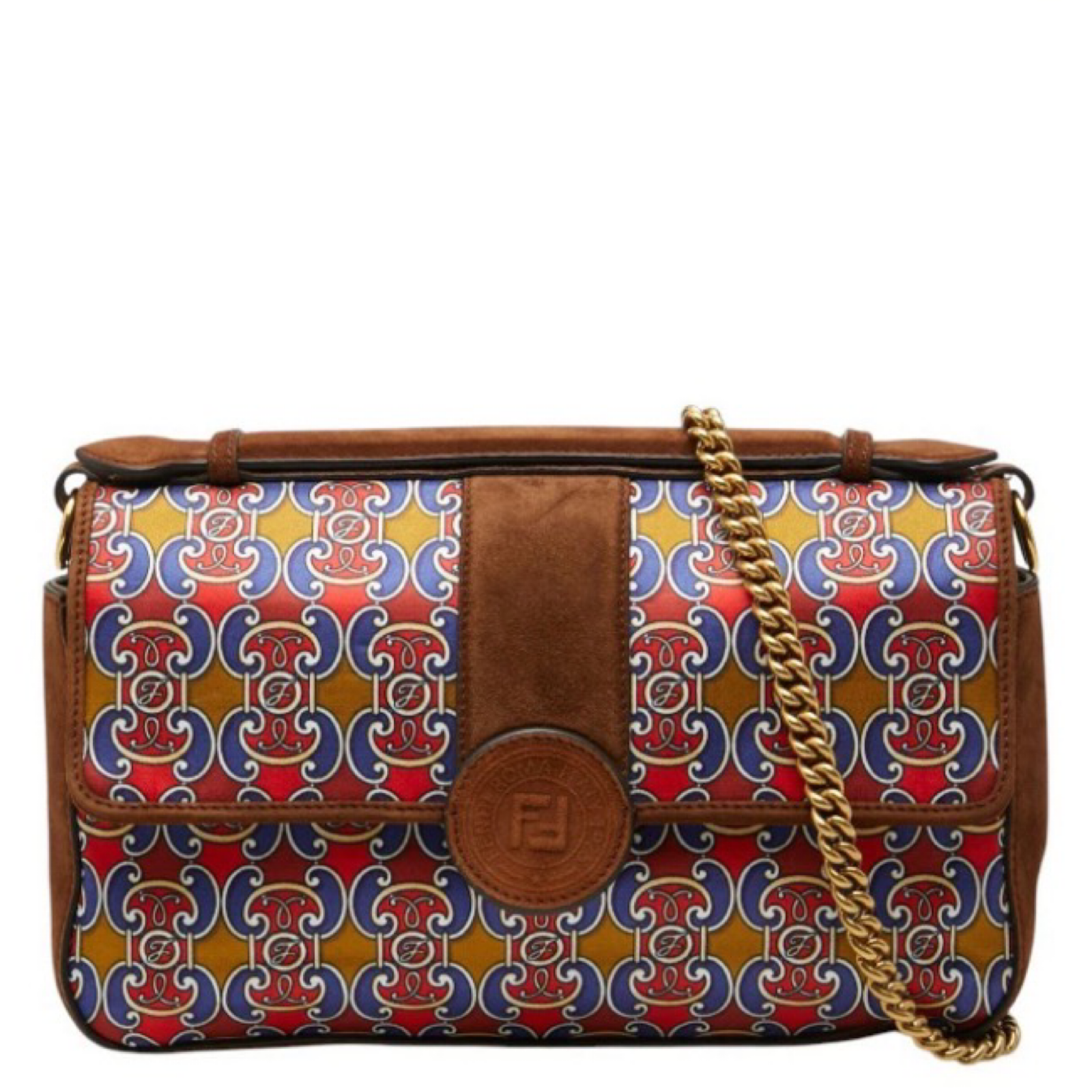 FENDI Double F Suede & Satin 2-Way Chain Shoulder Bag – Brown Multicolor | Previously Owned Authentic