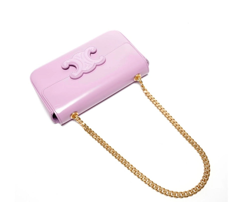 CELINE Triomphe Chain Shoulder Bag Pink Shiny Calfskin | Authentic Previously Owned