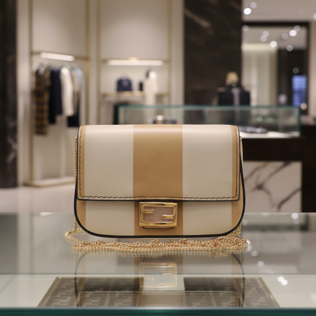 FENDI Nano Baguette Chain Charm Bag Beige Cream Stripes Authentic Previously Owned