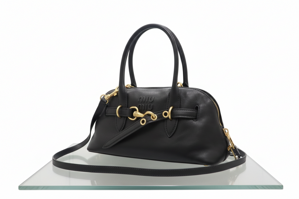 Miu Miu Aventure Top Handle Lambskin Black Gold Hardware 2-Way Shoulder Bag Previously Owned Authentic