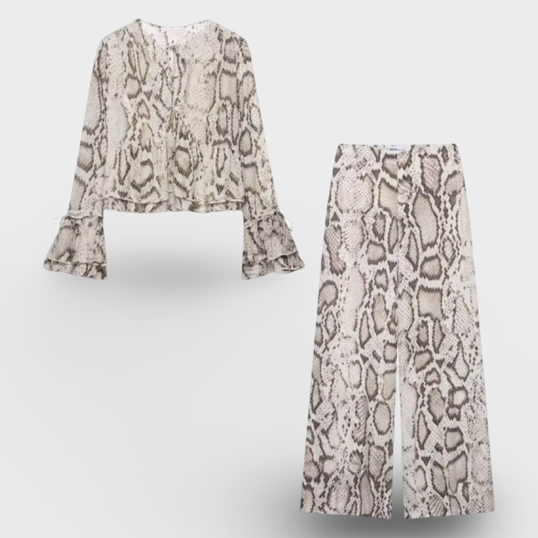 Snake Print Bell Sleeve Blouse | Women’s Lightweight Woven Crew Neck Top & Matching pants Inspired Vintage Outfit | Loose Fit