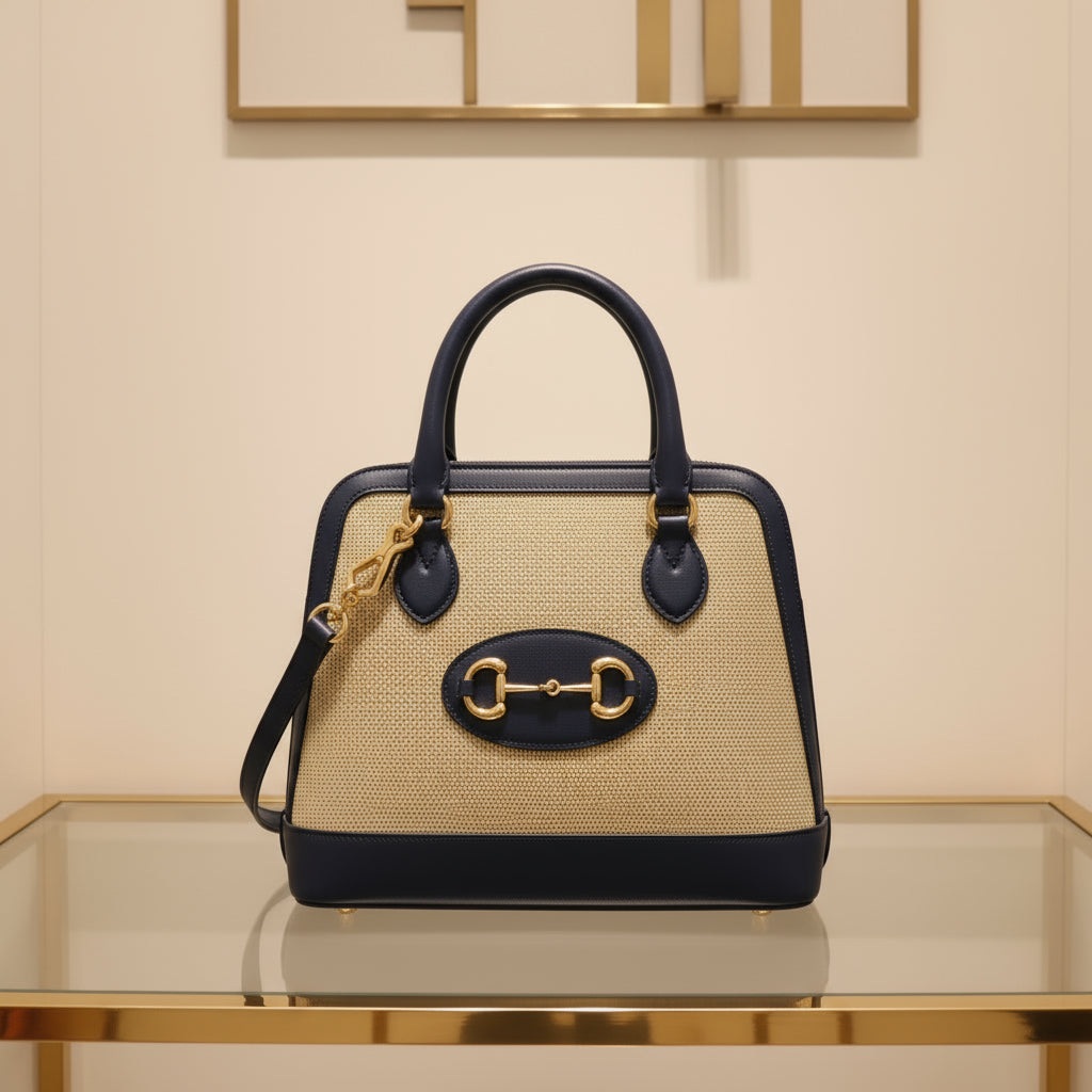 GUCCI Handbag – Horsebit 1955 Small Top Handle – Beige × Dark Navy Canvas &amp; Leather – 100% Authentic Previously Owned Pristine / Near-New Condition