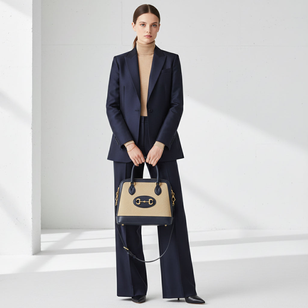 GUCCI Handbag – Horsebit 1955 Small Top Handle – Beige × Dark Navy Canvas &amp; Leather – 100% Authentic Previously Owned Pristine / Near-New Condition