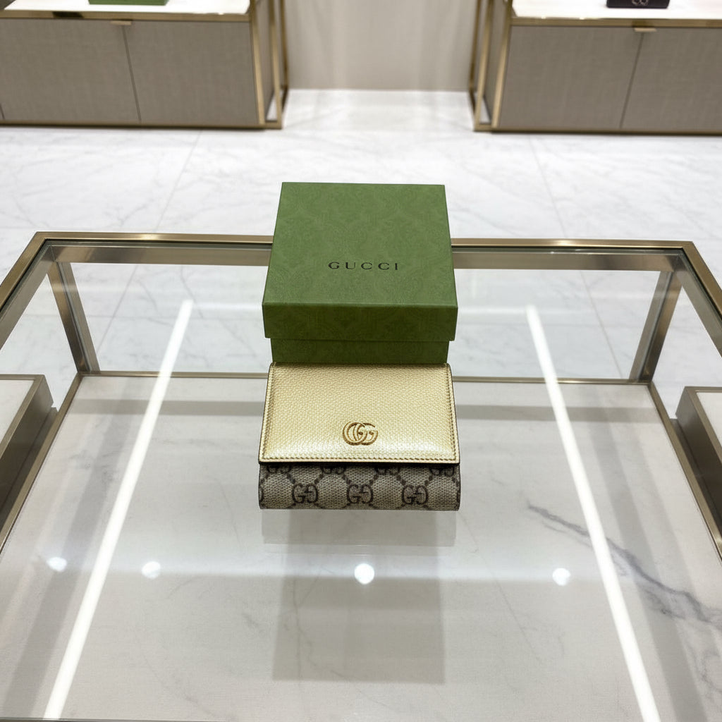 GUCCI Folded Wallet – GG Marmont Compact Wallet – Gold Leather – 100% Authentic Previously Owned Excellent Condition