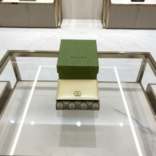 GUCCI Folded Wallet – GG Marmont Compact Wallet – Gold Leather – 100% Authentic Previously Owned Excellent Condition