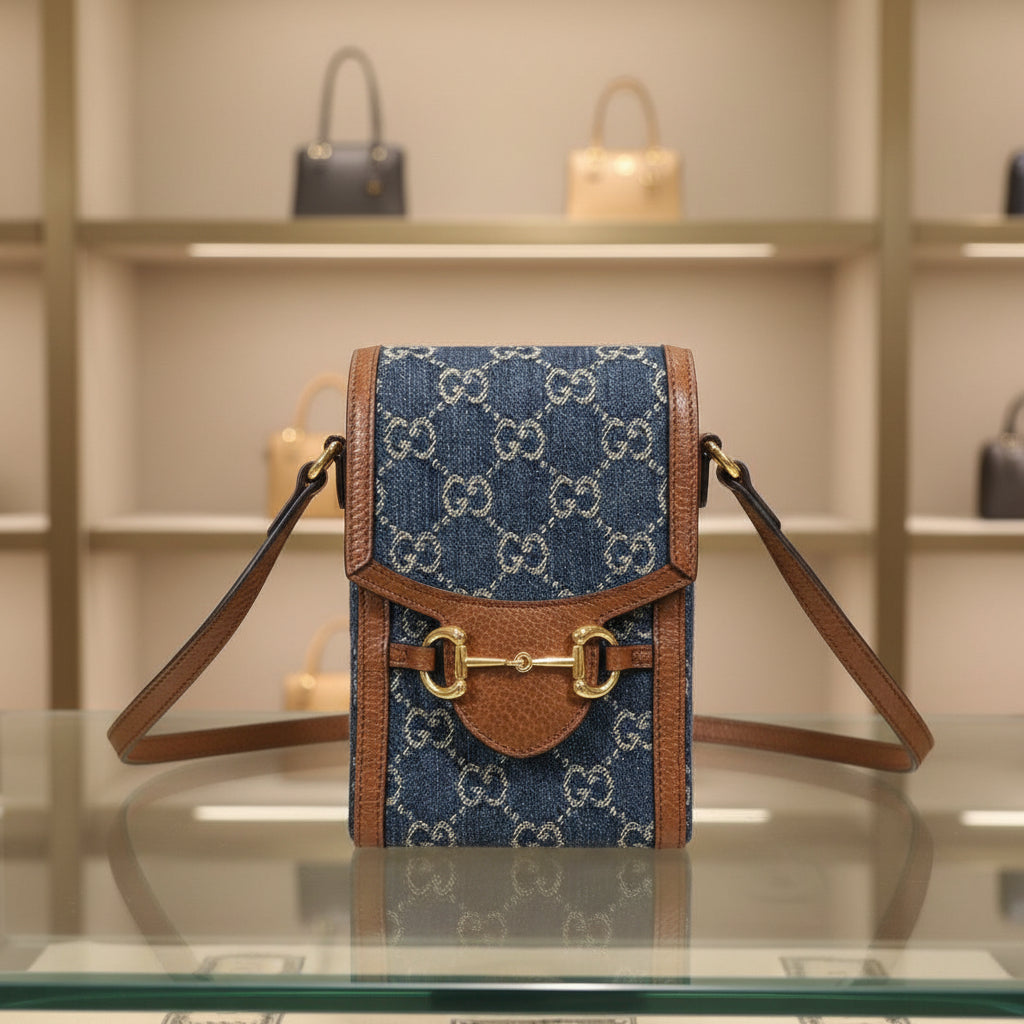 GUCCI Shoulder Bag – Horsebit 1955 Mini Bag – GG Denim &amp; Leather – Blue × Brown – 100% Authentic Previously Owned Excellent Condition