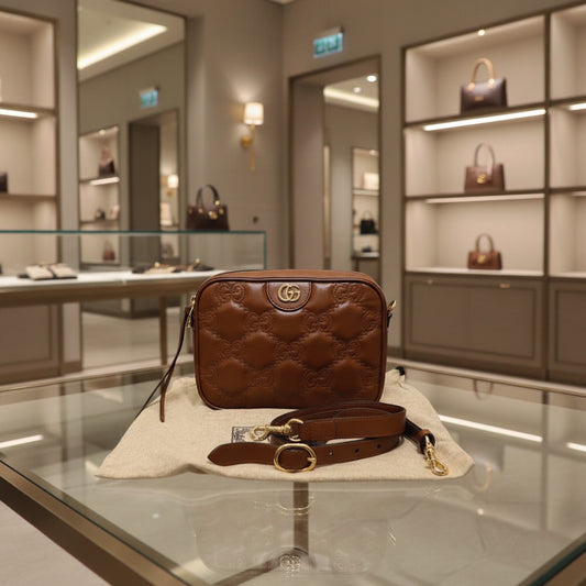GUCCI – GG Matelassé Double G Shoulder Bag – Small – Brown Leather – 100% Authentic Previously Owned – Pristine / Unused Condition