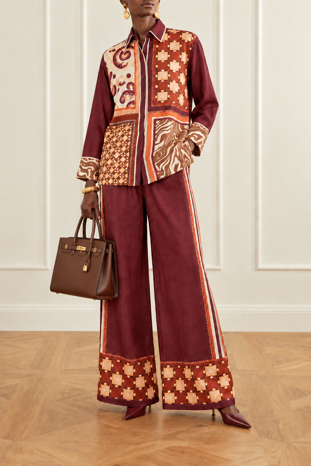Burgundy Seiden-Einzelteile mit Schal-Print | Top, Hemd oder weite Hose | passende Sets
