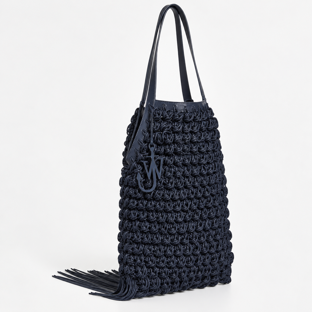 JW Anderson Fringe Popcorn Crochet Shopper Tote Bag – Navy -Authentic- Previously Owned