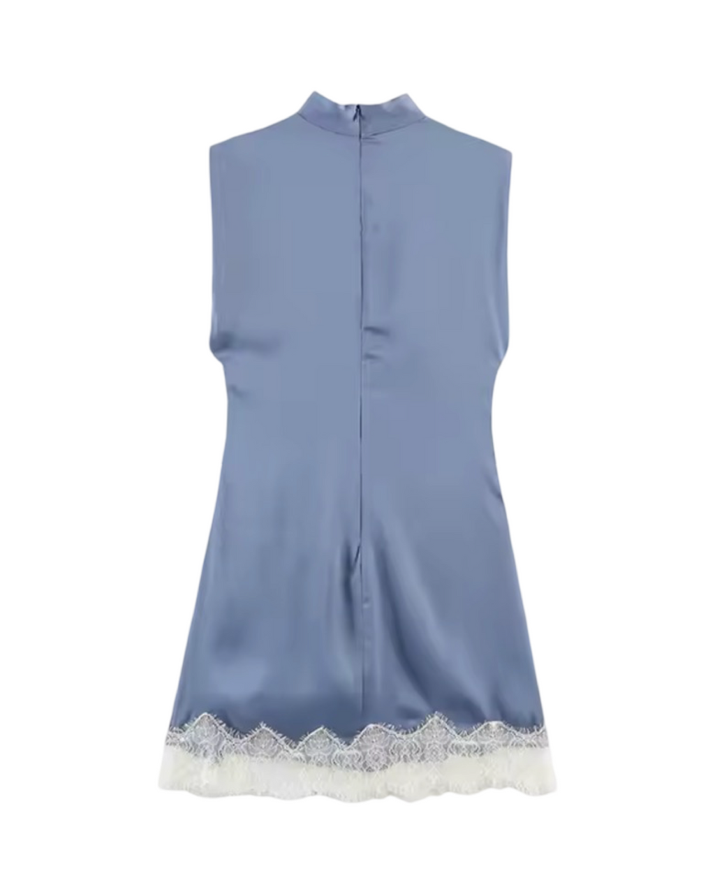 Sleeveless Lace Hem Pleated Mini Dress – Mock Neck Back Zipper Chic Dress