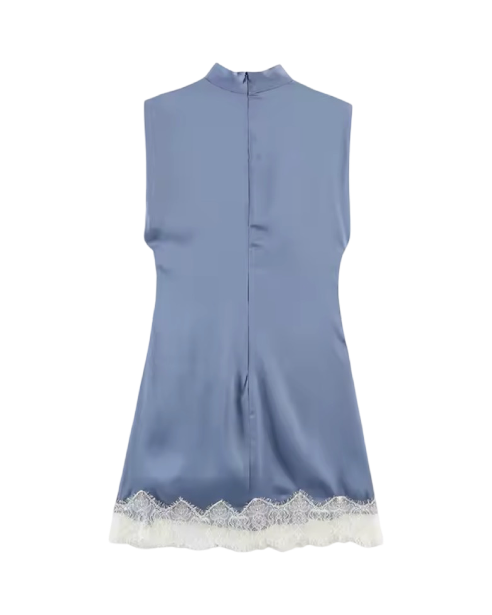 Sleeveless Lace Hem Pleated Mini Dress – Mock Neck Back Zipper Chic Dress