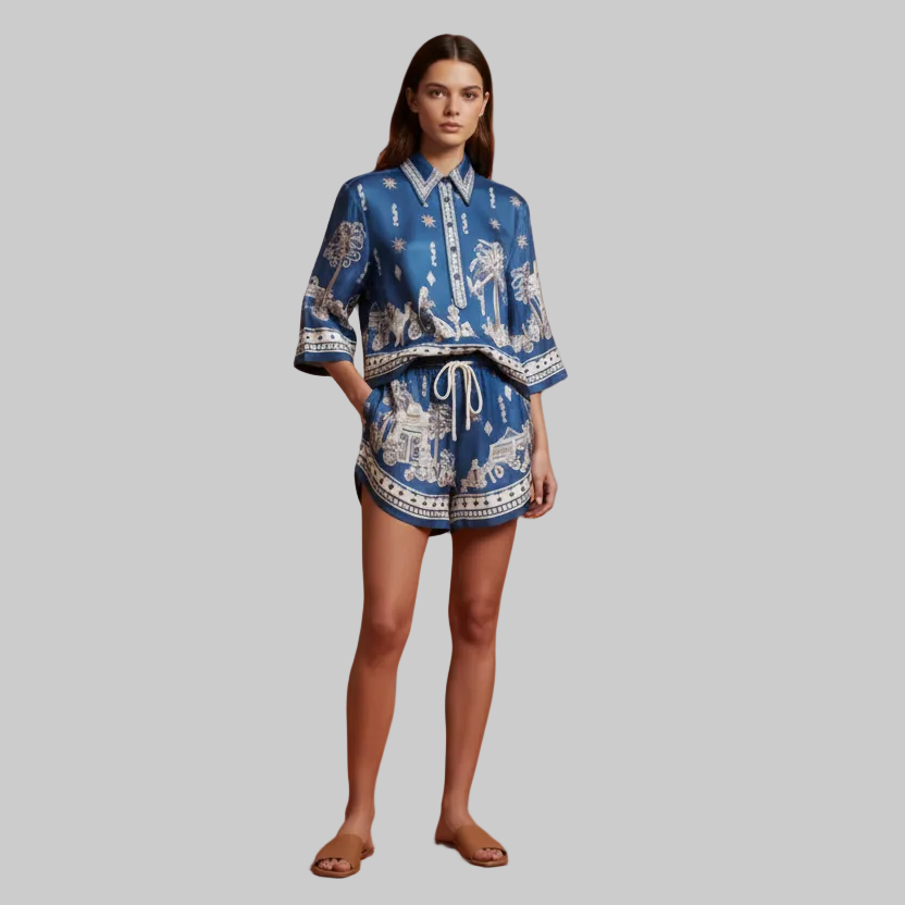 Blue Linen Polo Top & Drawstring Shorts Set