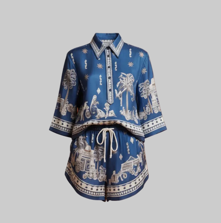 Blue Linen Polo Top & Drawstring Shorts Set
