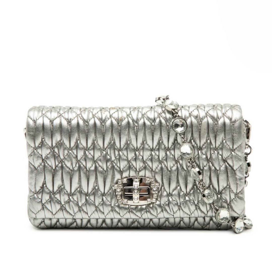 Miu Miu Matelassé Nappa Crystal Chain Shoulder Bag Silver Leather previously owned Authentic