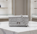 Miu Miu Matelassé Nappa Crystal Chain Shoulder Bag Silver Leather previously owned Authentic